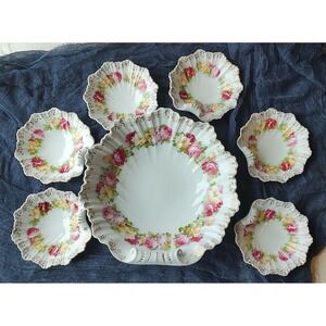 Vtg 7 Piece Porcelain Prussia Berry Bowl Set Pink Yellow Rose Pattern VGUC S13